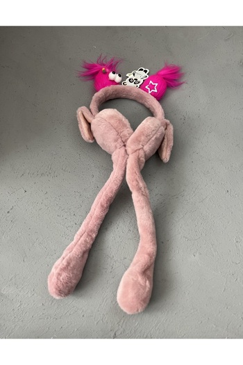 ZERAMİNE Powder Pink Plush Toy Figured Children's Headphones - Movable Headphones