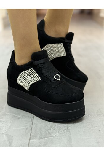 Stilo Women's Wedge Heel Black Suede Crystal Stone Satin Ribbon Heart Detail