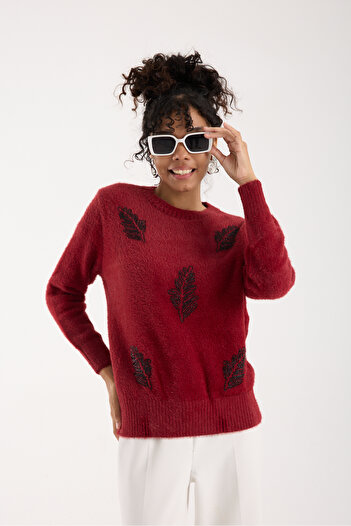 Moda Days Women's Burgundy Beard Yarn Leaf Pattern Beaded Embroidered Crew Neck Knitwear Sweater