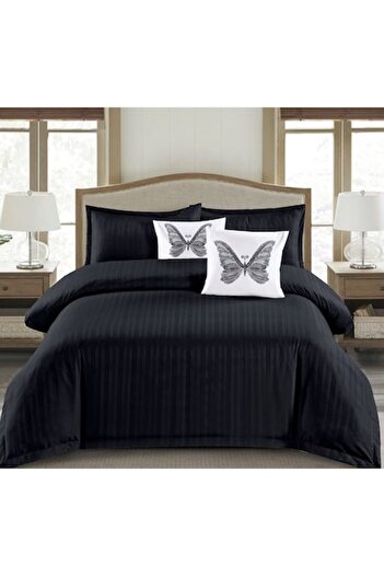 OEM Double Bed Linen Set, Uni, Finet Damask Type, 1 cm Stripe, 6 Pieces, Black