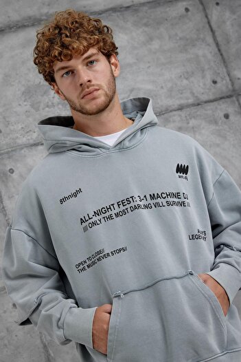 NOMARC Gray Text Detailed Piece Sleeves Washable Oversize Hooded Sweatshirt
