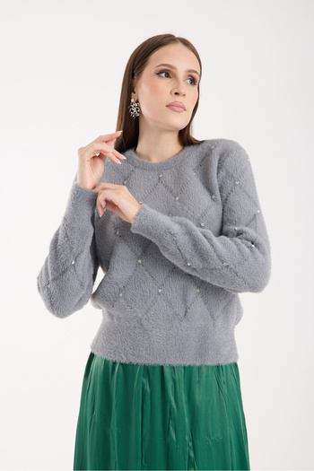 Moda Days Women's Gray Beard Yarn Stone Detailed Crew Neck Knitwear Sweater