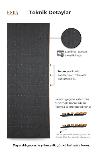 Enda Home MDF Akustik Duvar Paneli 60×278 cm – 11 mm Kalınlık, Gerçek Keçeli Dekor Çıtası