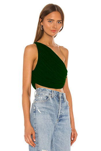 MetuCA Women's Green One-Shoulder Draped Jersey Fabric Asymmetrical Bodycon Crop Top Blouse Bustier