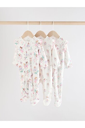 Next Baby Cotton Ecru Fairy Patterned 3-Piece Sleepsuit Set