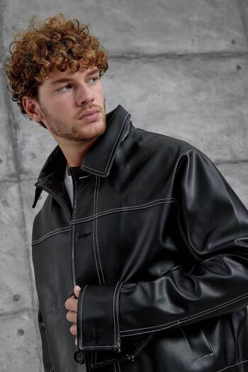 NOMARC Black Gst Leather Jacket with Stitching Detail