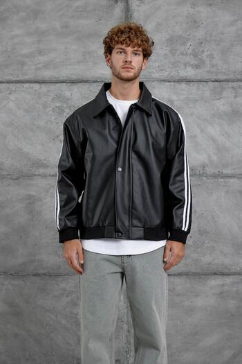 NOMARC Black Nmrc Oversize Leather Jacket with Stripe Detail