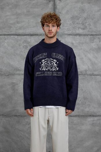NOMARC Navy Blue Gst Embroidered Patterned Oversize Knitwear