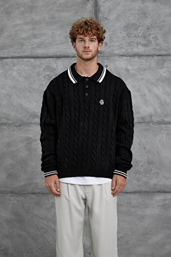 NOMARC Erkek Siyah Gst Polo Yaka Örme Oversize Triko