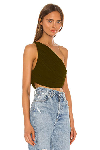 MetuCA Women's Brown One Shoulder Draped Jersey Fabric Asymmetrical Crop Top Blouse Bustier
