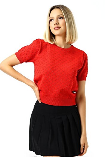 TİSTA Women's Red Diamond Patterned Short Sleeve Openwork Knit Blouse