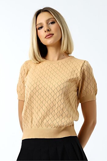 TİSTA Women's Biscuit Baklava Patterned Short Sleeve Openwork Knitwear Blouse