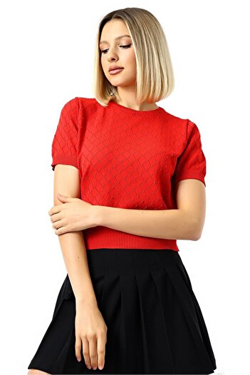 TİSTA Women's Red Diamond Patterned Short Sleeve Openwork Knit Blouse