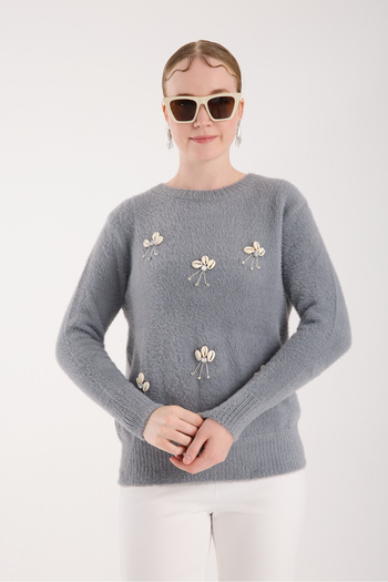 Moda Days Women's Gray Beard Yarn Front Accessory Crew Neck Knitwear Sweater