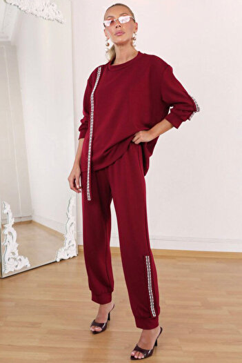 AYASOFYA OTANTIK Women's Burgundy Pearl Detailed Casual Blouse and Elastic Waist Trousers Set
