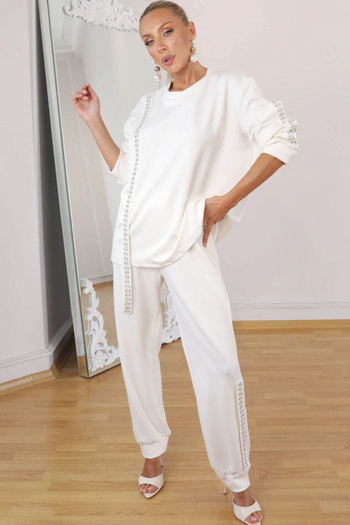 AYASOFYA OTANTIK Women's White Pearl Detailed Loose Blouse and Elastic Waist Trousers Set