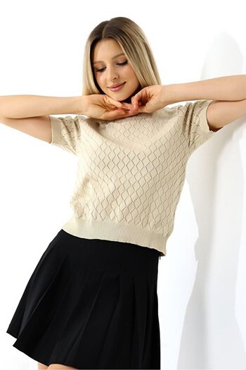 TİSTA Women's Stone Baklava Patterned Short Sleeve Openwork Knitwear Blouse