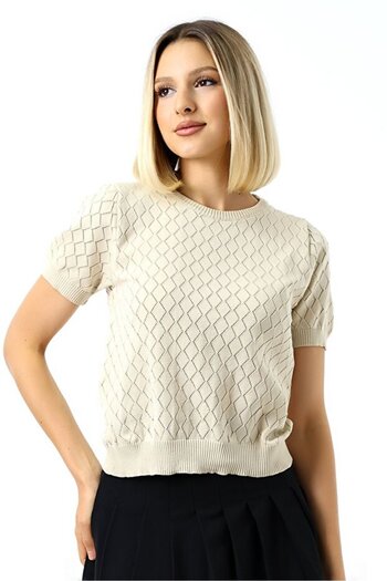TİSTA Women's Stone Baklava Patterned Short Sleeve Openwork Knitwear Blouse