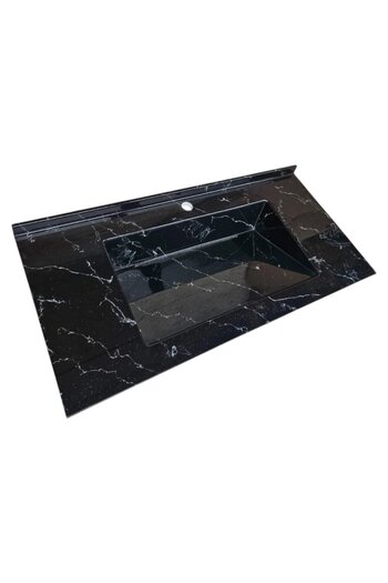 HouseXL LuxMarble Bathroom Sink in Composite Granite with Hidden Drain, Black with White Marble Inse