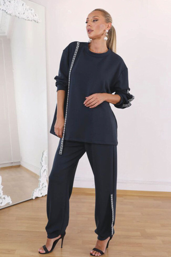 AYASOFYA OTANTIK Women's Navy Blue Pearl Detailed Casual Blouse and Elastic Waist Trousers Set