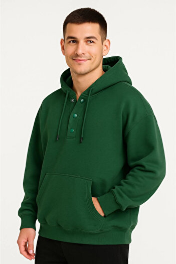 CVS GİYİM Mrpurple Men's Oversized Hooded Sweatshirt with Kangaroo Pocket and Snap Fasteners, 3 Thread Raised Hoodie - Khaki