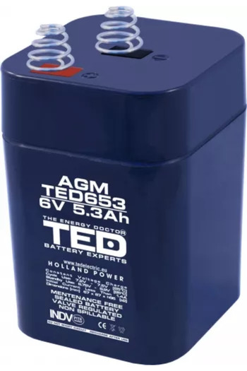 TED AGM VRLA battery 6V 5.3A 67mm x 67mm x h 97mm with springs type 4R25 Battery Expert Holland