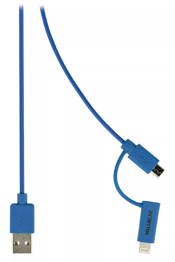 VALUELINE Blue power and sync cable USB 2.0 A male - micro B male with lightning adapter 1m copper