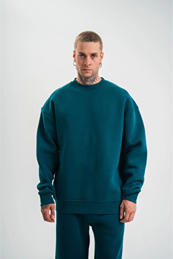 buğrahayalin Long Sleeve Crew Neck Basic Sweatshirt - Dark Sea Green