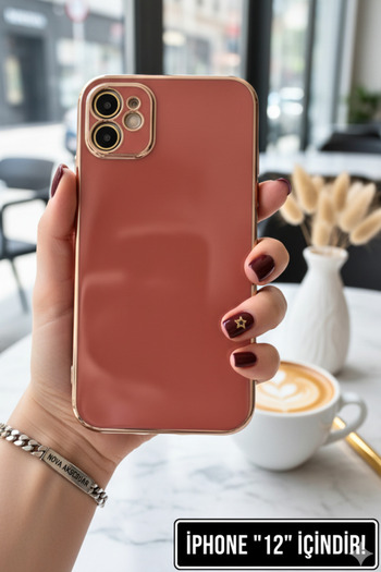 cepmoda iPhone “12” Phone Case - Glossy Silicone Cover with Gold Frame - Red