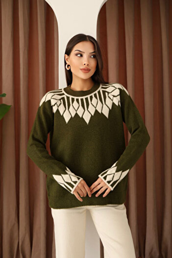 bacc Khaki Crew Neck Patterned Knitwear Sweater Bces-253003