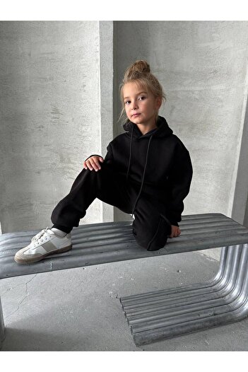 CANSU BUTİK Girl's Black Pocket Hooded Hooded Suit