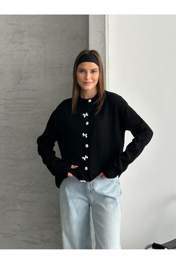 FERZOLAİO Black Knit Cardigan with Bow and Buttons