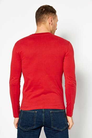 CELIO Men Crew Neck Long Sleeve Plain T-Shirt, Red
