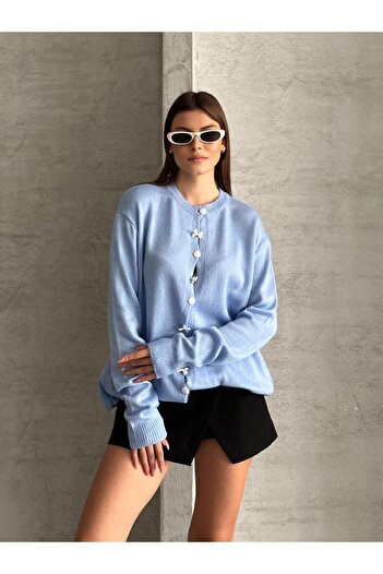 FERZOLAİO Blue Knit Cardigan with Bow and Buttons