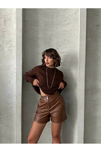 TB Terzi Bey Elastic waist snap leather shorts coffee w241007