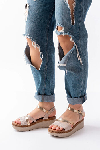 TB Terzi Bey 730-044 Beige Garni Orthopedic Knitted Patterned Genuine Leather Padding Women's Sandals