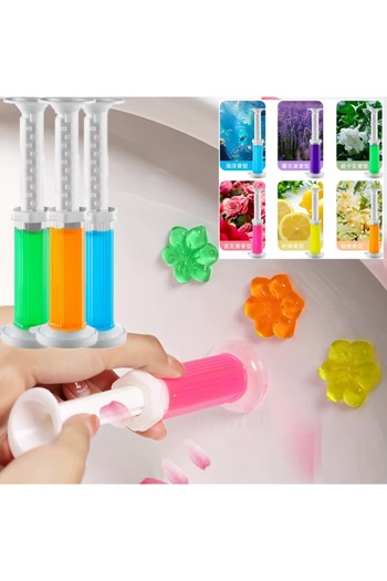 Generic Toilet cleaner, a flower-shaped gel or liquid used to clean and disinfect toilets. Available in various scents.