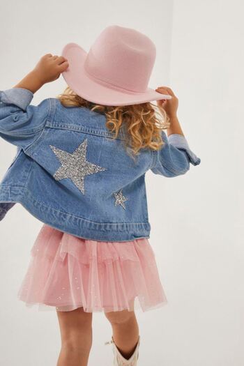 Minigimin Cicileri My Little Girl's Glitter Star Detailed Denim Jacket and Tutu Skirt Set - Powder