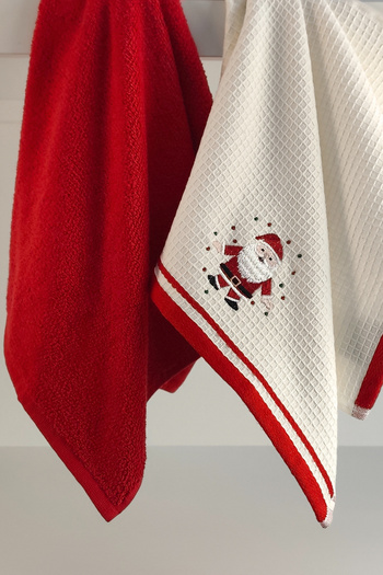 Sevim Set of 2 Santa Claus Embroidered Kitchen Towels - 100% Cotton - Christmas Gift - Gift Towel