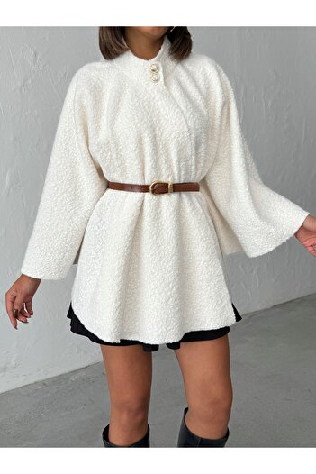 BEJNA Women's Button Detailed Belted Boucle Fabric Cashmere Poncho