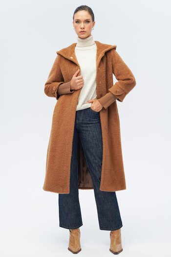 Olcay Hooded Ribbed Detailed Plush Coat Taba 3118