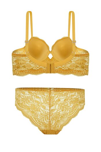 Wonna Lace Low-Cut Bra Panty Set Push Up, 2451 Mustard