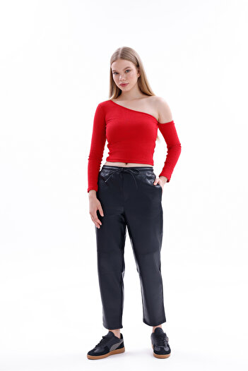 Sapientia Class Women's Elastic Waist Leather Jogger Pants, Leather Women's Pants, Leather Jogger