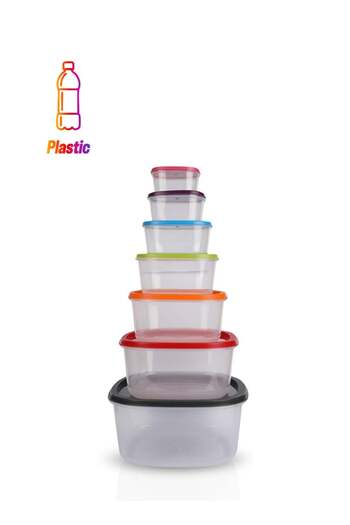 Feelings 7-Piece Plastic Food Container Set – Oval & Square Containers with Colorful Rainbow Lids