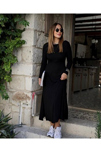 JANES Women's Long Sleeve Crew Neck Cross Detail on the Back Viscose Two Thread Maxi Dress