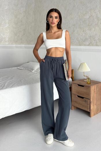 Behind Look Gabardine 100% Cotton High Waist Smoked Wide Leg Palazzo Pants