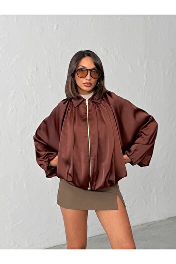 BEJNA Women's Brown Satin Surface Oversize Bomber Jacket