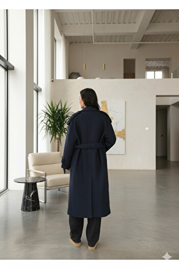 Behills Women's Navy Blue Cashmere Coat Long Winter Belted Stylish Overcoat Jacket