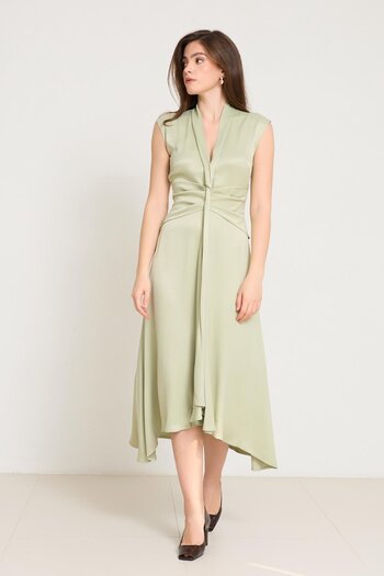 Setre Nile Green V-Neck Waist Detailed Midi Length Sleeveless Dress