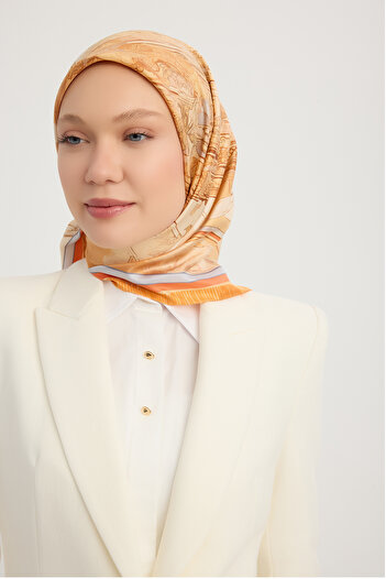 Schaless Hilal City - Orange - 100% Silk Twill Scarf - 90X90 cm